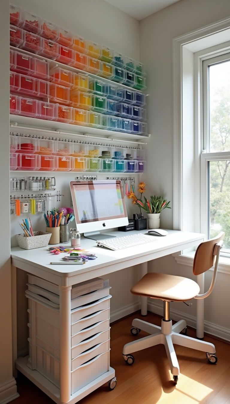 Creative bedroom corner with rainbow-organized art supplies in clear containers, white craft table with color-coordinated tools, and rolling cart storage in bright morning light.