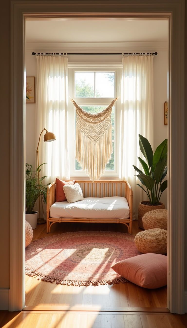 Sunlit toddler bedroom with vintage rattan bed, Moroccan rugs, macramé wall hanging, and cozy earthy decor seen from doorway.