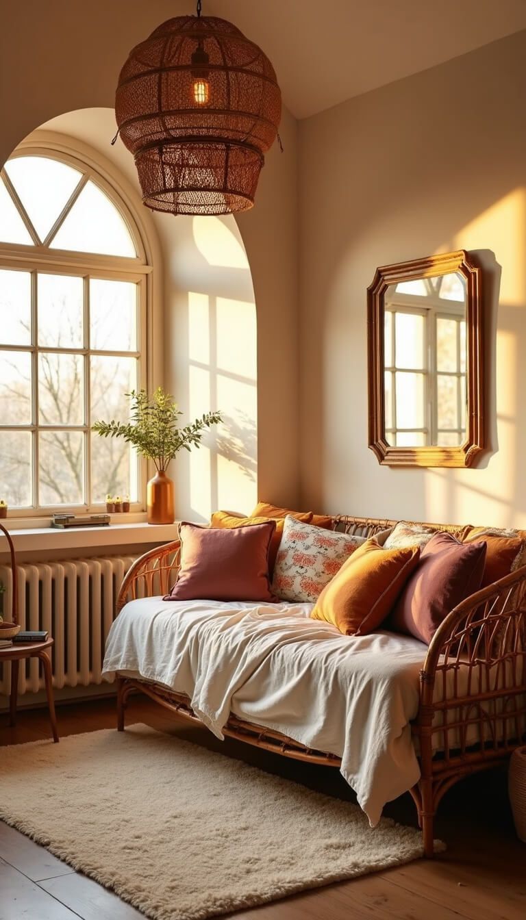 Boho nursery corner with arched window and golden hour light, rattan daybed with colorful pillows, cream rug, and pendant light casting shadows.