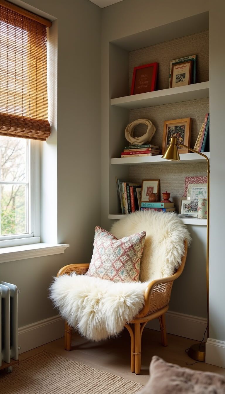 Cozy child's reading nook with rattan chair, sheepskin throw, bamboo blinds casting soft light, floating bookshelves filled with children's books, and a handwoven tapestry in warm hues.