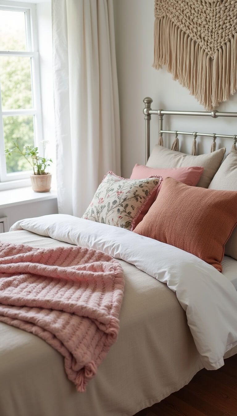 Layered toddler bedding with natural linen duvet, rose hand-knotted throw, textured earth-tone pillows, and macramé bunting overhead in soft natural light.