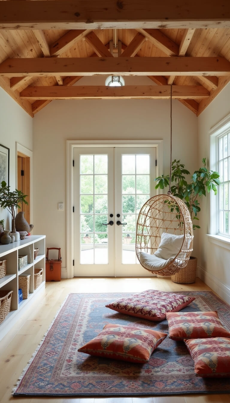 Wide-angle view of cozy 14'x16' play area with exposed wooden beams, rattan hanging chair, modular storage with woven baskets, kilim floor cushions, and natural morning light from French doors.