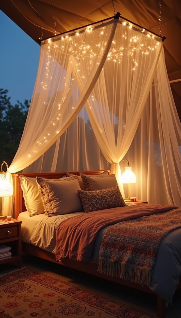 Low-angle view of cozy sleeping area with 10' cream muslin canopy, glowing string lights, twin bed with muted rainbow textiles, Moroccan wedding blanket, vintage Persian rug, and ambient lighting from brass sconces.