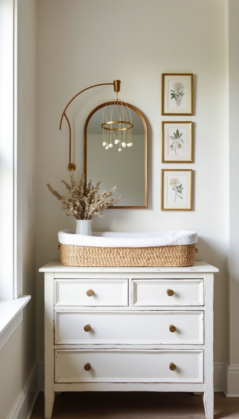 Vintage-inspired window-side baby changing station with white-washed dresser, botanical wall art, and dried flower mobile in soft morning light.