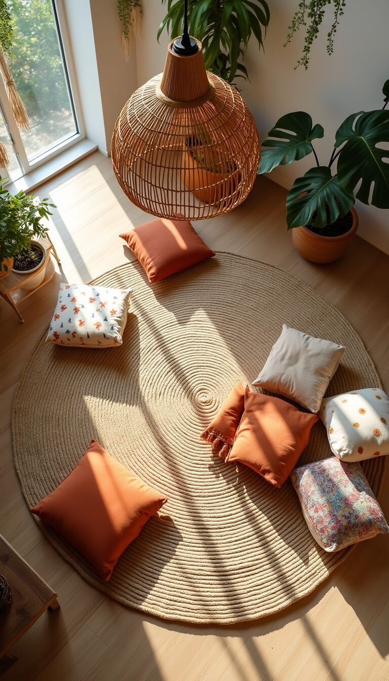 Bird’s eye view of 12'x12' play space with circular jute rug, floor cushions in earth tones, low wooden table with crystal prisms, and macramé plant hangers in bright natural light.