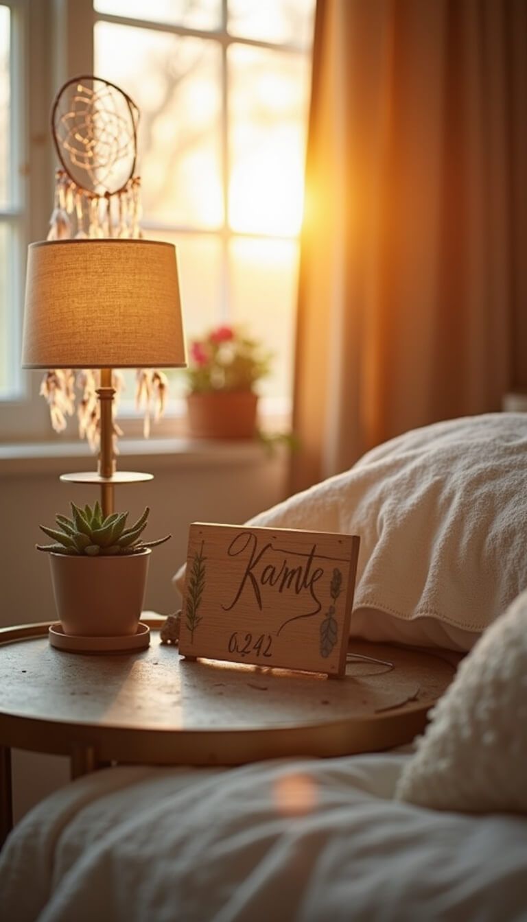 Bedside vignette at sunrise with vintage brass table, modern ceramic lamp, crystal clusters, succulent, hand-painted name sign with copper wire, and dreamcatcher in golden hour light.