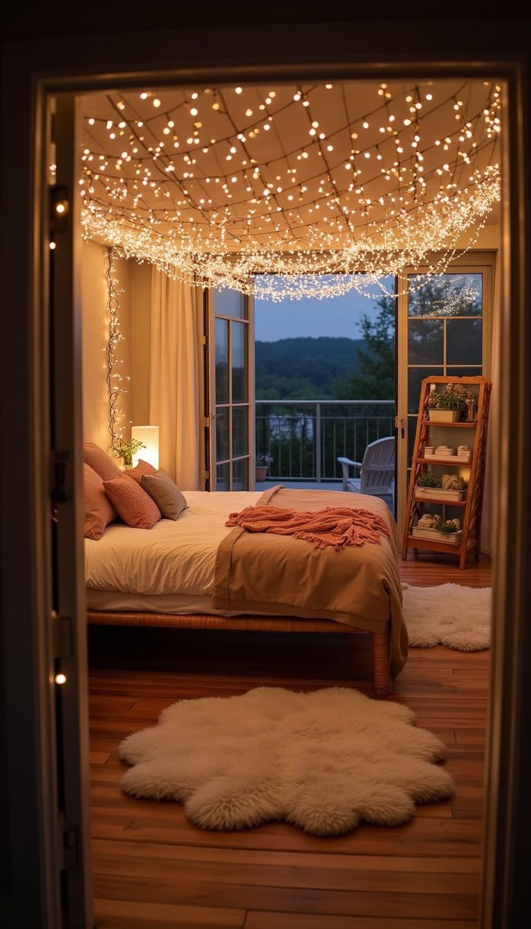 Twilight-lit 14'x14' bedroom with string light canopy, rattan bed in cream, blush, and copper textiles, sheepskin rugs, and mirror reflecting warm ambient glow.