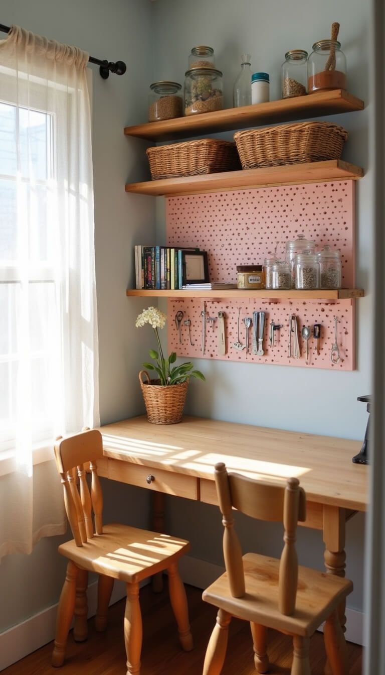 Craft corner with natural wood table, vintage children's chairs, open shelving of art supplies in baskets and jars, desert rose pegboard organizer, lit by diffused natural light through sheer curtains.