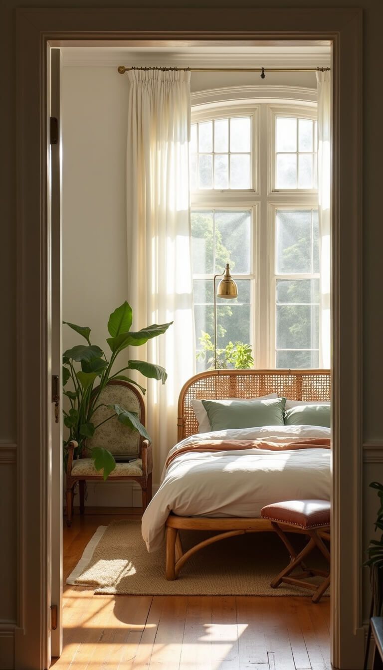 Sunlit bedroom with rattan bed, layered neutral linens, bay windows, vintage floor lamp, leather reading chair, and lush potted plants.