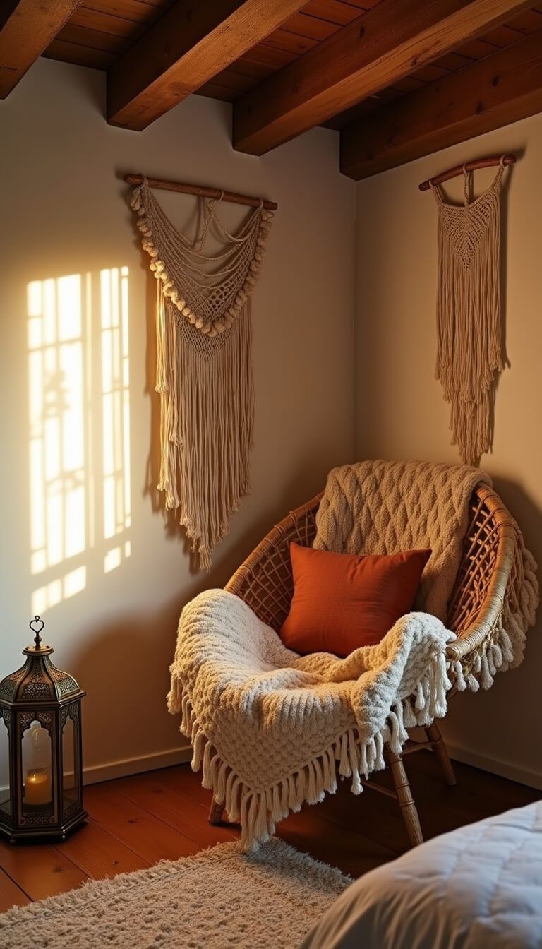 Cozy cottage bedroom nook with rattan peacock chair, chunky knit throws, exposed beams, and warm golden hour light filtering through macramé decor.