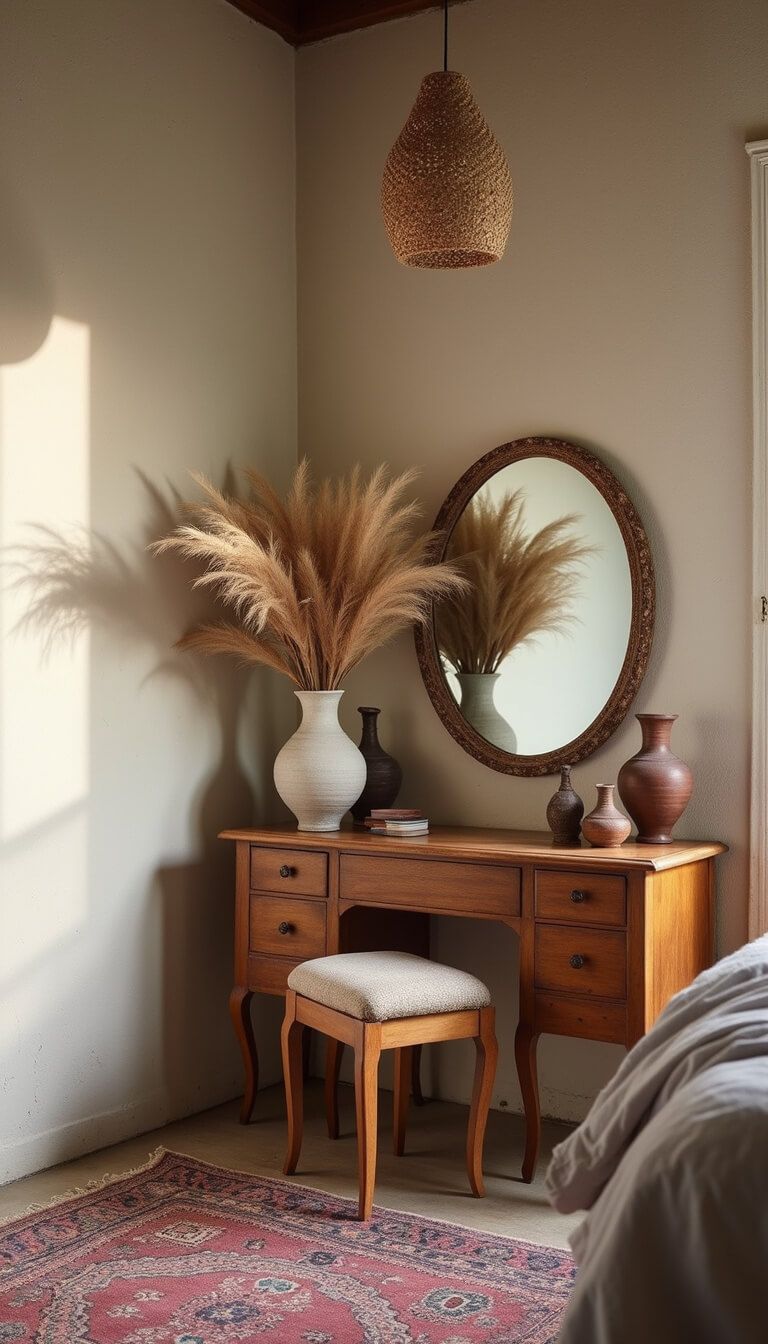 Antique oak vanity with oval mirror and pottery decor against textured plaster wall, bathed in soft early morning light.