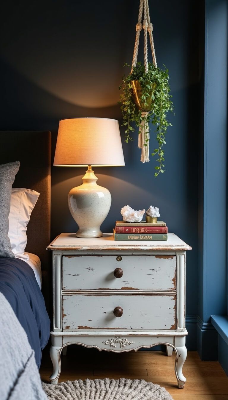 Bedside scene with distressed white nightstand, warm-lit ceramic lamp, vintage books, crystals, brass decor, and macramé plant hanger against dark navy wall.