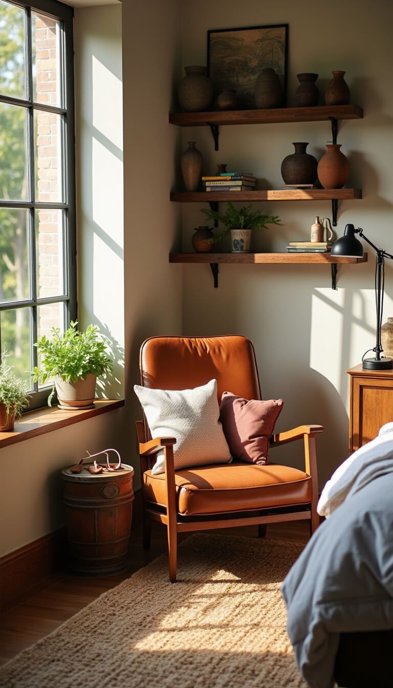 Cozy reading nook with vintage leather armchair, industrial floor lamp, and wooden shelves holding pottery and art books, lit by warm afternoon sun.