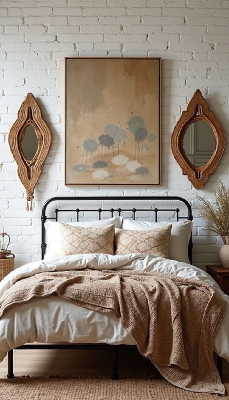 Boho-style bed with rumpled ivory and wheat linen bedding, Moroccan wedding blanket, wrought iron frame, white brick wall, abstract art above, and asymmetrical rattan mirrors.