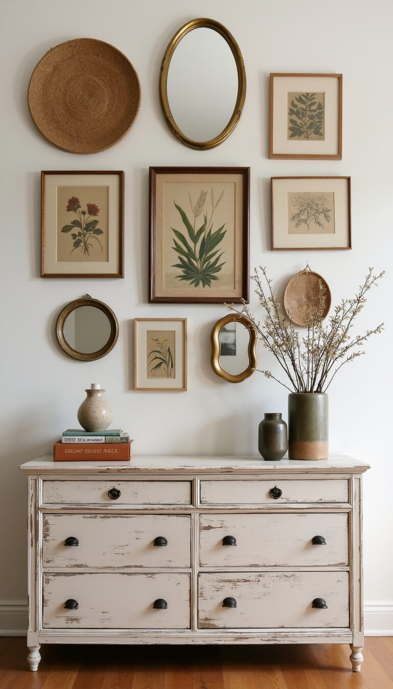 Eclectic gallery wall with botanical prints, woven hangings, and brass mirrors above distressed wood dresser styled with ceramics, vintage books, and dried florals.