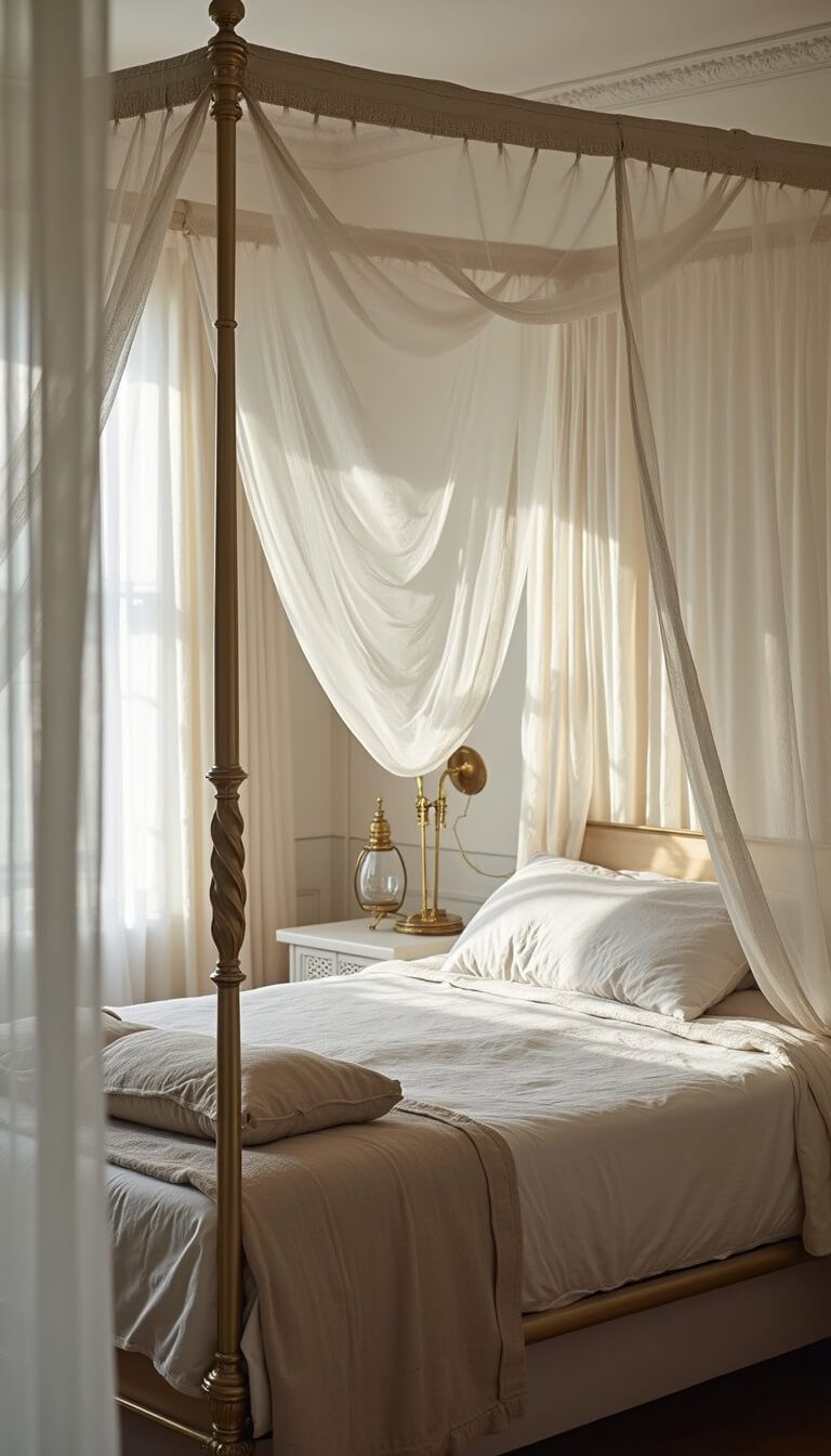 Low-angle view of ethereal canopy bed with gauzy mosquito netting, vintage linens, and soft pendant lighting in dreamy morning light.