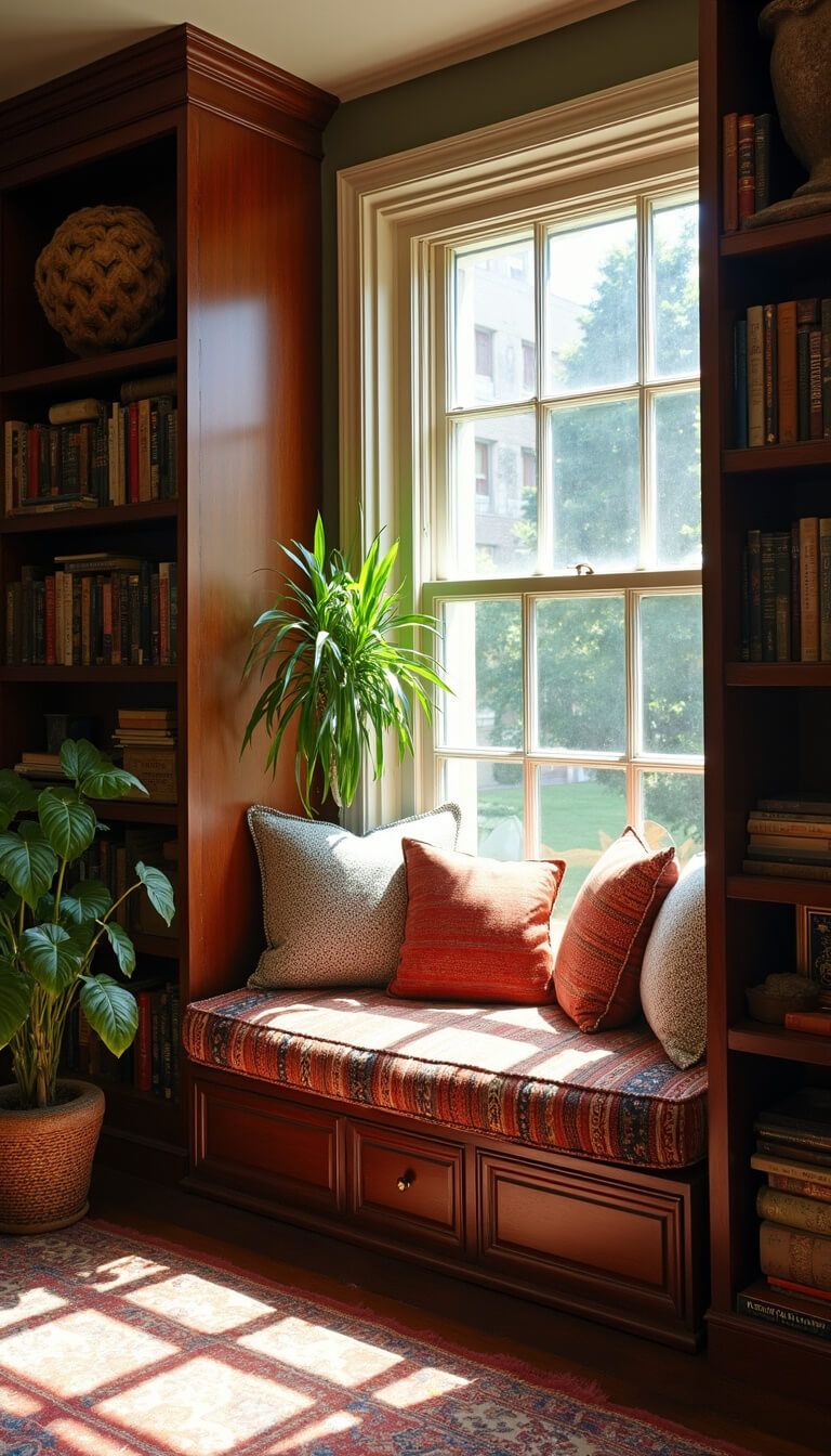 Side view of a cozy window bench with kilim cushions and pillows, built-in storage, flanked by tall bookshelves filled with vintage books, objects, and potted plants illuminated by natural light and dramatic shadows.