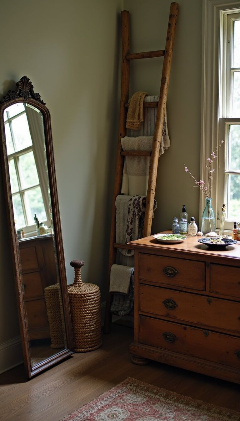 Vintage-style dressing area reflected in floor mirror, featuring antique chest with jewelry and perfumes, woven hamper, and ladder with textiles in soft, diffused light.