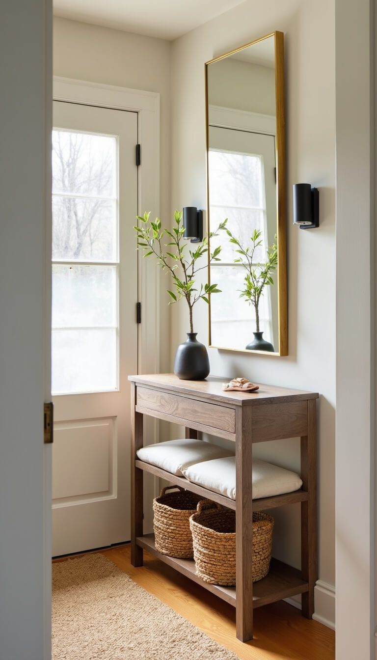 Warm morning light fills a cozy 6x8ft entryway with a frosted glass door, oak console table, brass mirror, jute runner, cream-cushioned bench, seagrass baskets, and matte black sconces.