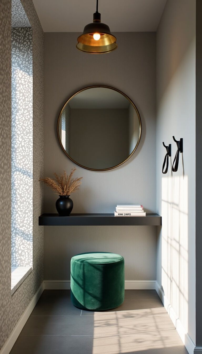 Sophisticated urban foyer with round gold-framed mirror, black floating shelf, emerald velvet ottoman, and geometric accent wallpaper under industrial pendant light.