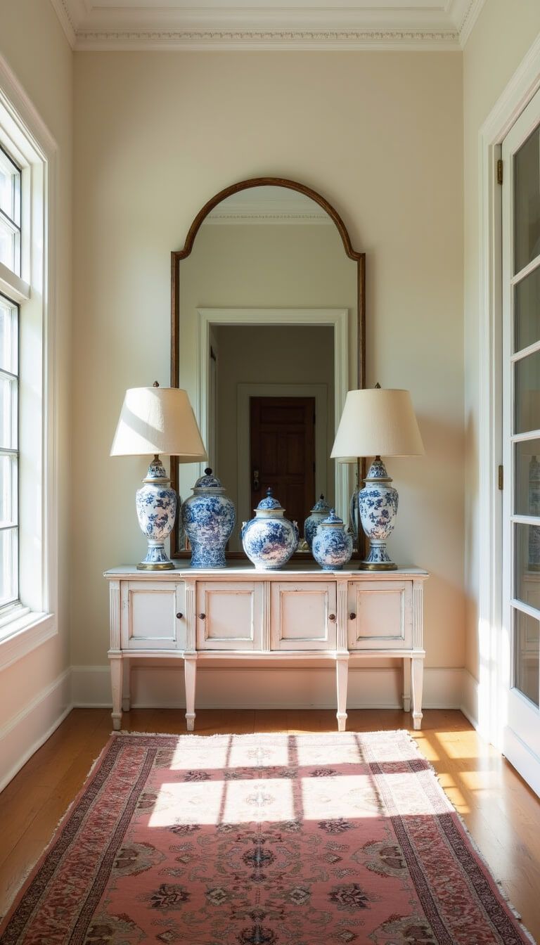 Elegant sunlit entryway with vintage coral Persian runner, whitewashed console, arched brass mirror, ceramic lamps, and blue chinoiserie accents.