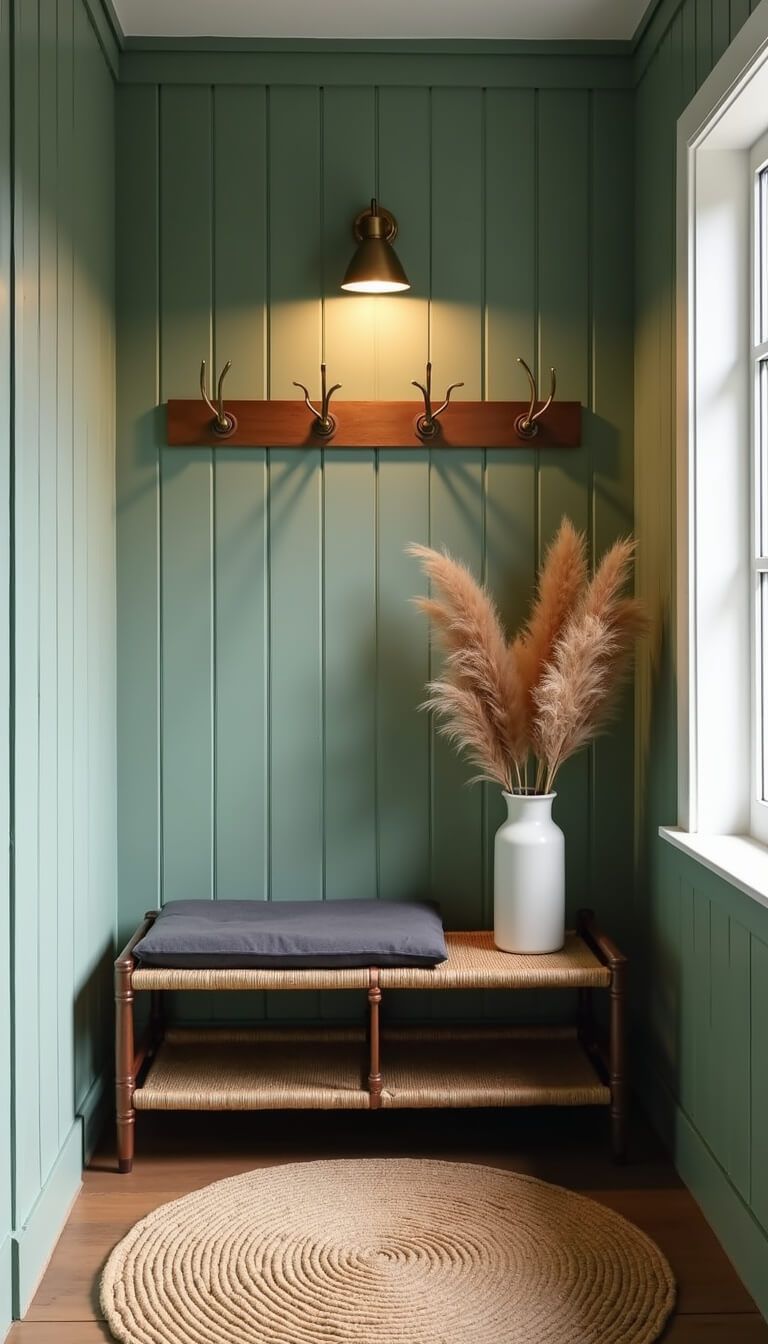 Cozy 4x6ft sage green entry nook with board and batten walls, rattan bench, jute rug, and brass sconce, styled in organic modern decor.