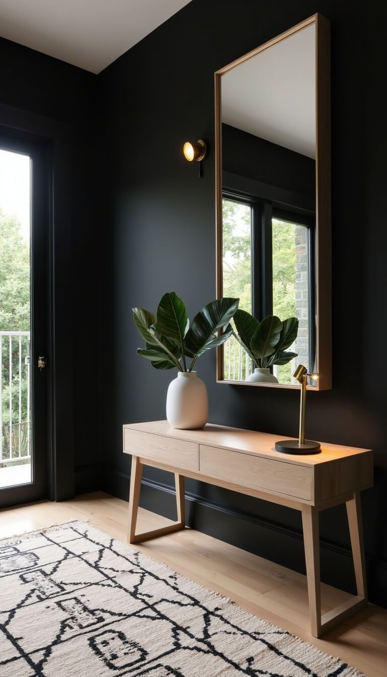Bold contemporary foyer with black accent wall, bleached oak console, brass lamp, floor-to-ceiling mirror, white ceramic vase with monstera leaves, and geometric wool runner.