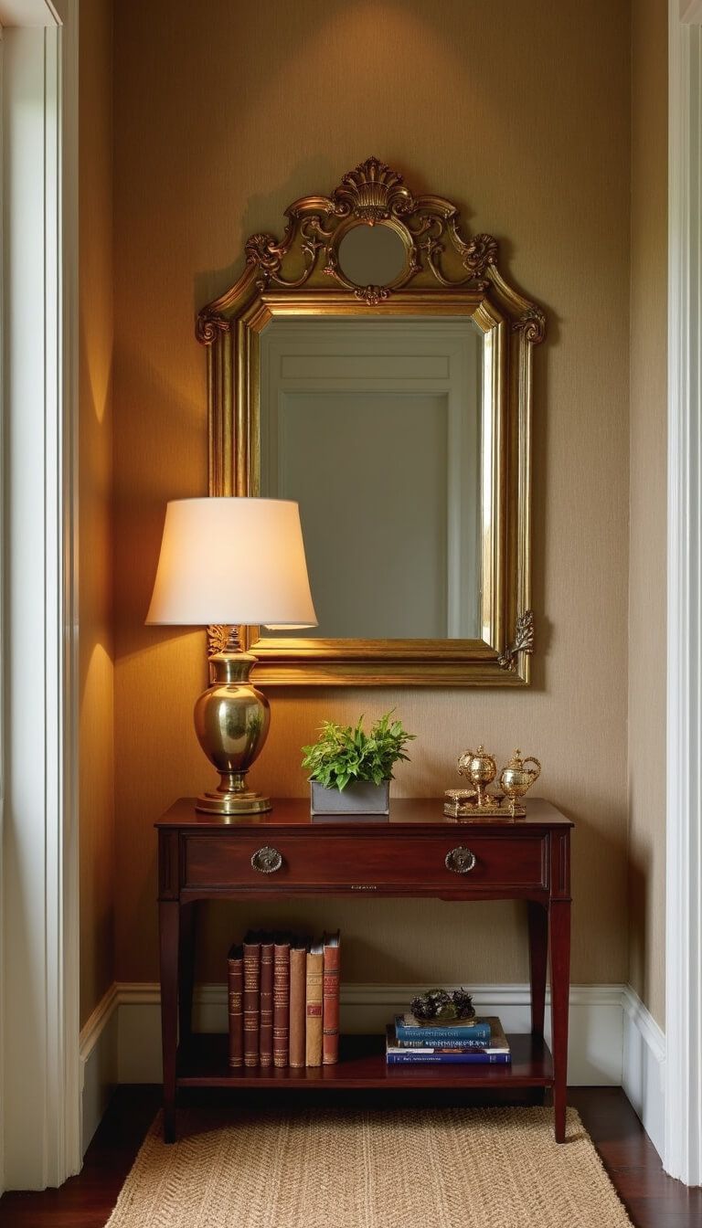 Cozy 4x5ft entryway with taupe grasscloth walls, antique brass mirror, mahogany console styled with vintage books and brass decor, mercury glass lamp softly glowing, and sisal runner leading inward.