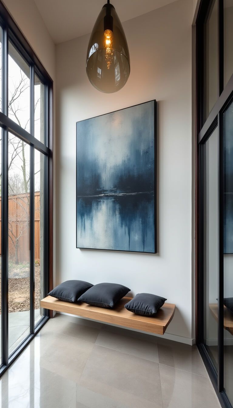 Modern 7x6ft foyer with floor-to-ceiling windows, teak floating bench with charcoal cushions, oversized blue-gray abstract art, and smoke gray glass pendant light, viewed from low angle.