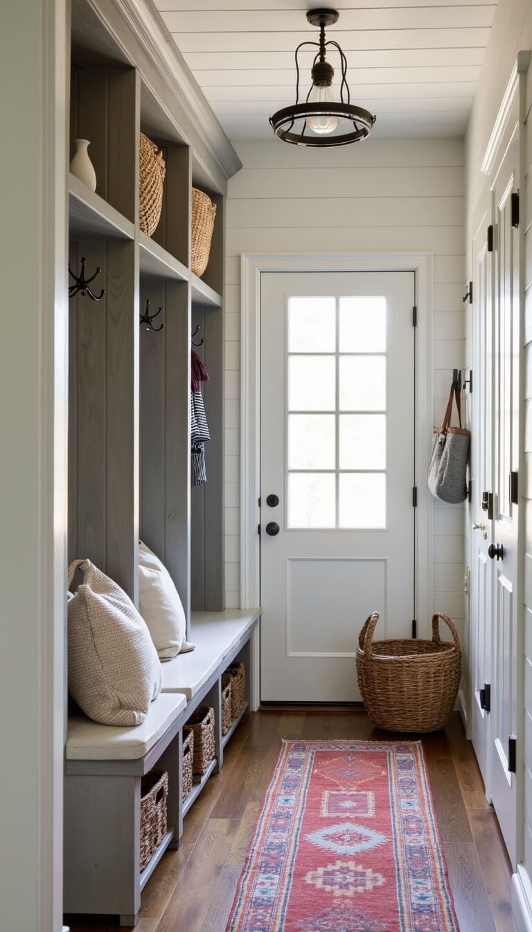 Rustic 5x8 mudroom with warm white shiplap, weathered gray built-in bench and coat hooks, vintage red-blue runner, iron-glass pendant light, and woven baskets.