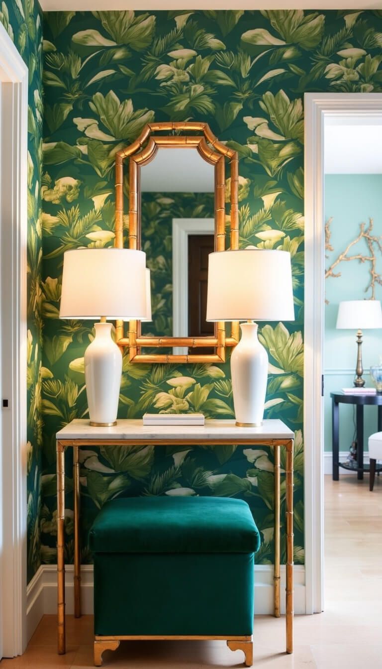 Tropical-print wallpaper in petite 4x6ft entry with gold console, marble top, white ceramic lamps, bamboo mirror, green velvet ottoman, and bright layered lighting.