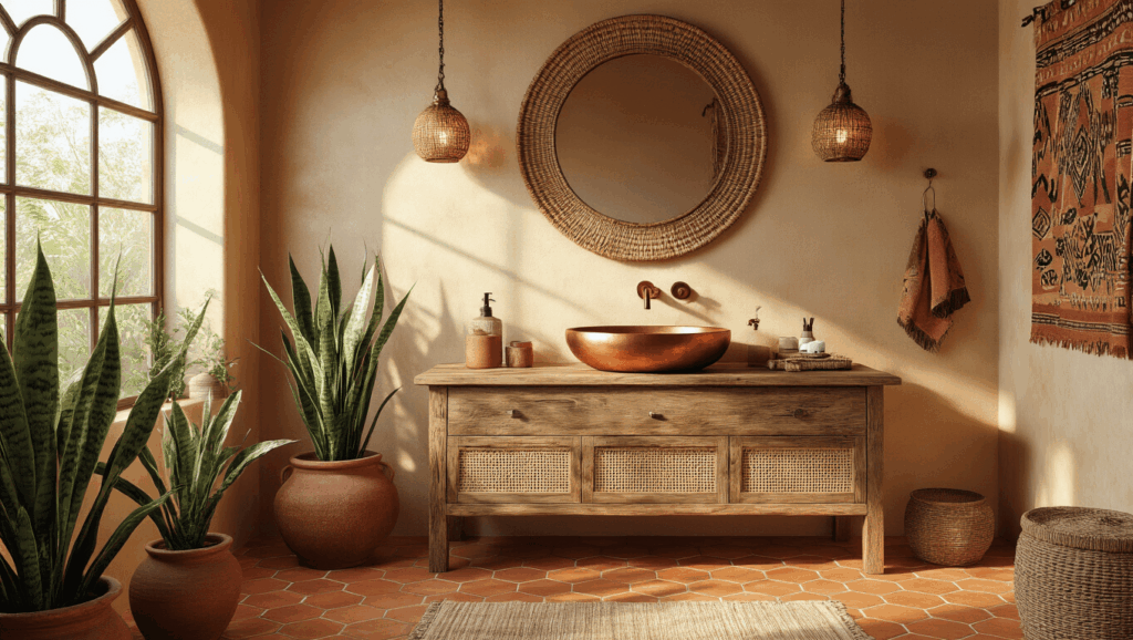 "Afrohemian-style bathroom with terracotta tiles, copper fixtures, teak vanity, tribal wall art, and natural light"