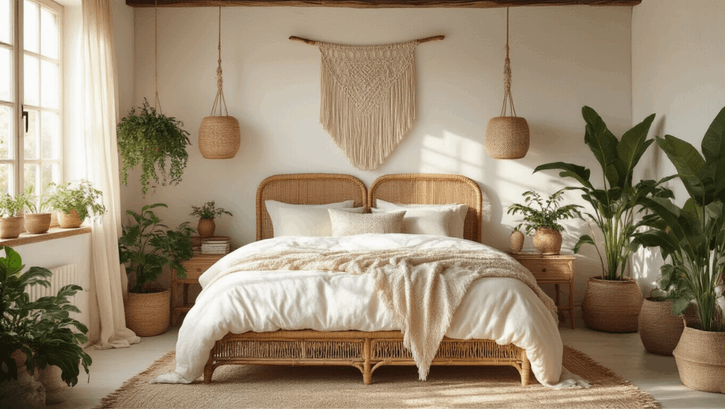 "Boho cottage bedroom with rattan bed, layered linens, macramé wall hangings, potted plants, and golden hour lighting"