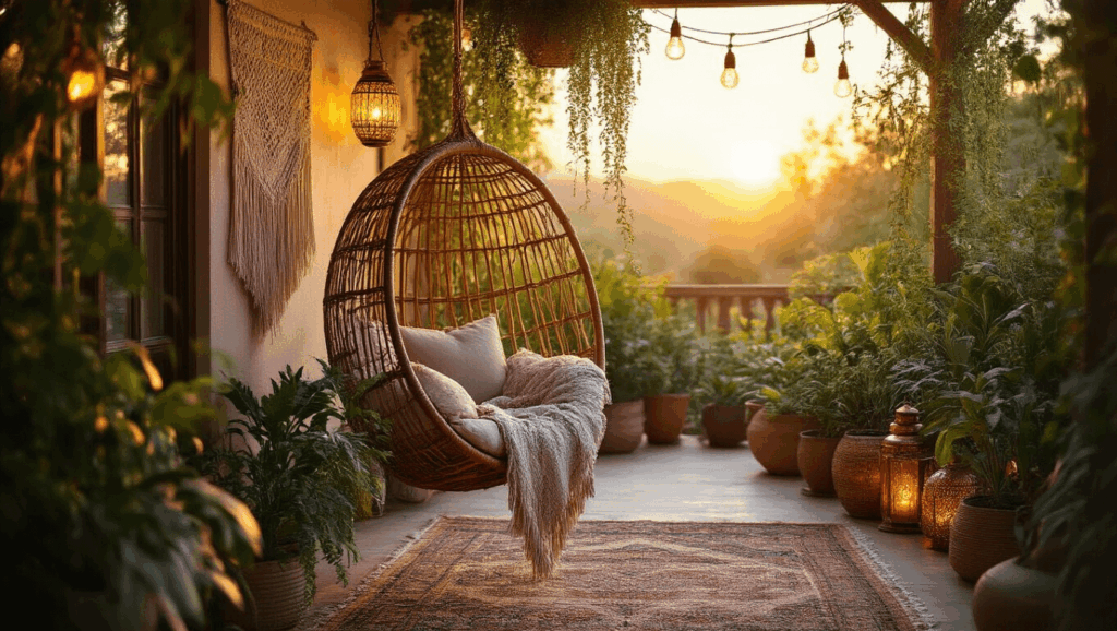 "Bohemian patio at sunset with a rattan chair, macrame wall hangings, Moroccan rugs, potted plants, string lights, and copper lanterns"