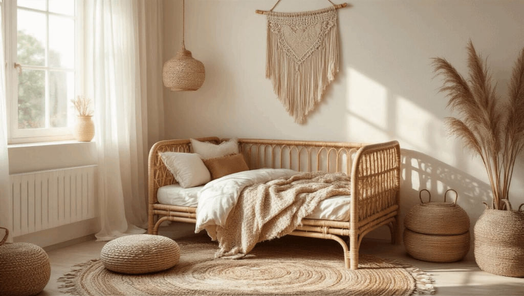 "Sunlit bohemian toddler bedroom with a vintage rattan bed, macramé wall hangings, Moroccan rugs, and earthy toned decor."