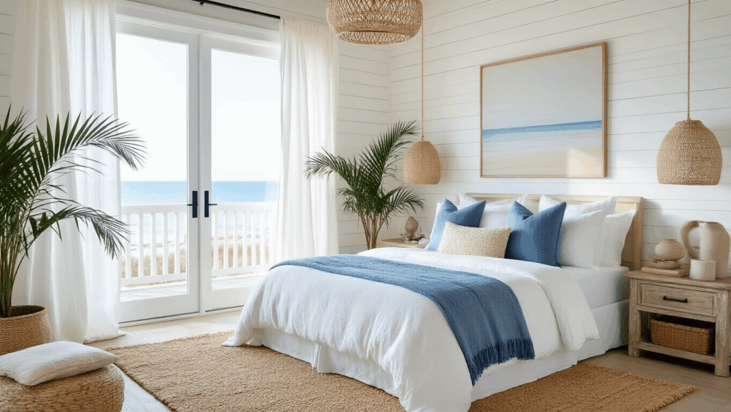 "Serene coastal bedroom interior with a white bed adorned with blue and sandy pillows, adorned with driftwood accents, a capiz shell chandelier, and subtle beach-inspired artwork"