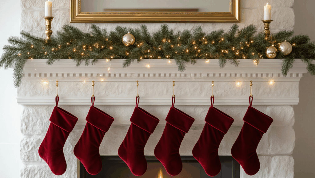 "Traditional Christmas fireplace with pine garland, velvet stockings, and festive decorations in a cozy setup"