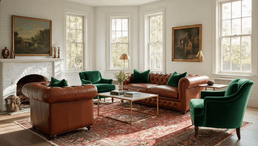 "Eclectic living room with cognac leather Chesterfield, emerald velvet chairs, Persian rug, brass accents, whitewashed brick fireplace, and sunlit bay windows"