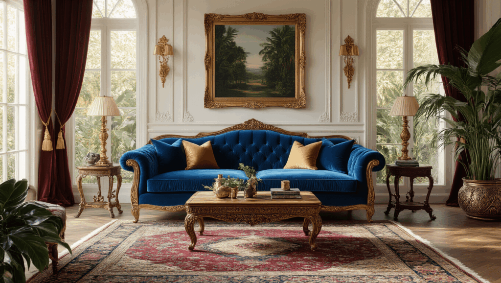 "Maximalist living room with peacock blue velvet sofa, Persian rugs, vintage frames, brass accents, emerald palms, jewel tones, and golden hour lighting"