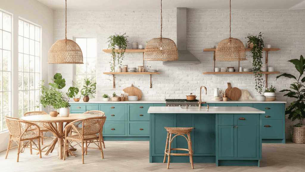 "Modern Bohemian kitchen with whitewashed brick walls, oak shelves, rattan pendant lights, teal cabinets, copper accents, hanging plants, and sunlight streaming in through large windows"