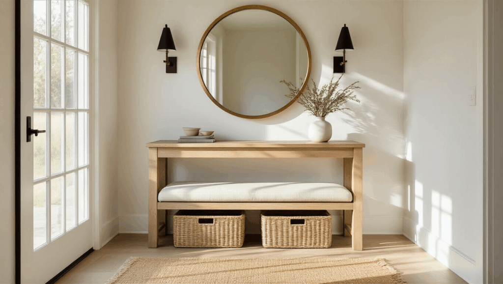 "Sunny modern coastal entryway with oak console table, brass mirror, jute runner, cushioned bench, storage baskets, and black sconces"