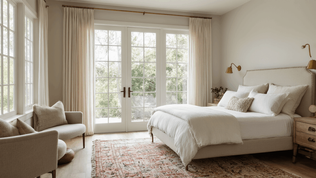 "Welcoming guest bedroom featuring a queen bed with soft linens, natural light streaming through floor-to-ceiling curtains, brass accents, a vintage rug, and warm neutral tones"